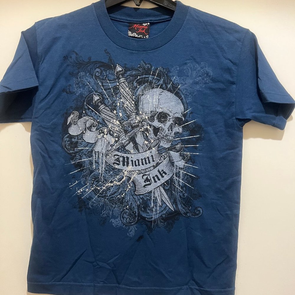 Miami Ink Youth T-shirt Blue Color Screen Printed Graphics - Licensed & NEW
